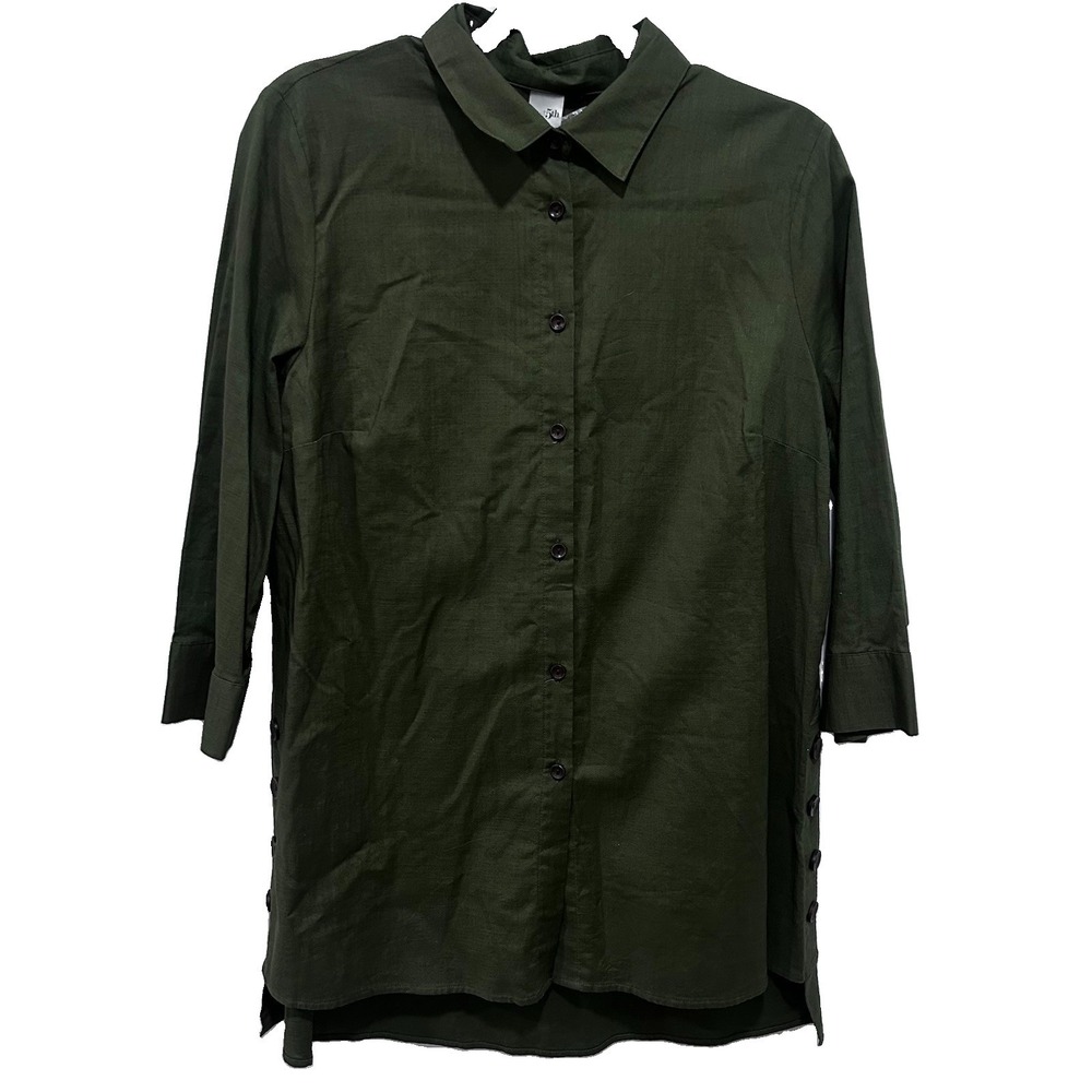NWT Women Olive Green Button Up Cotton Shirt 3/4 Sleeves Side Buttons East 5th M